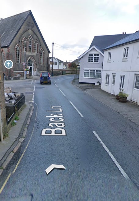 Back Lane Callington where a building has collapsed blocking the A388