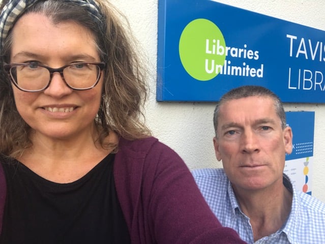 Tavistock Times reporters Sarah Pitt and Guy Boswell at Tavistock Library where they work out of two days a week