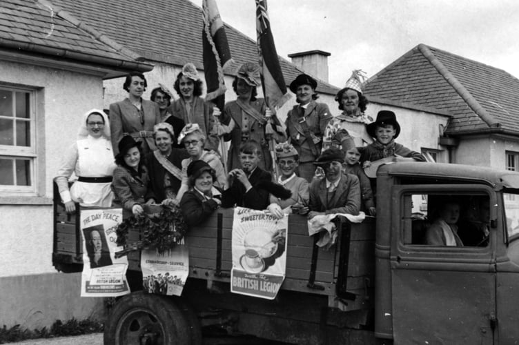 St Ann's Chapel carnival float Audrey Beale(m. Chubb), Loretta Watson, Mrs Dorothy Finnemore, Kathleen Watson, Mrs Daymond or Dayment, Mrs Hoskin, Mrs Hetty Jury, Roy Jury, ?Berry, Joyce Honey, Mervin Beale, Raymond Bolt, David Jury, Gladys Pridham, Mrs Berry in the sash, kept the shop at Albaston, Mrs Burman, Doris Northam (m Sleeman) all on a Watson's lorry see 39names