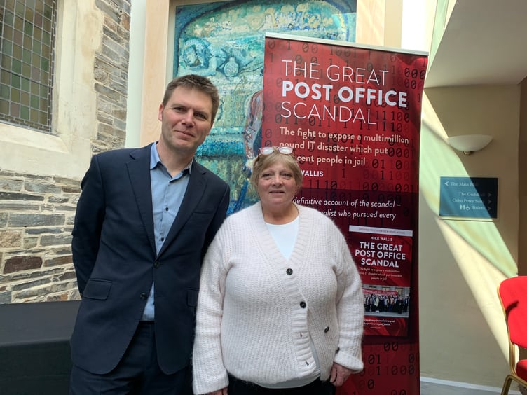 Journalist Nick Wallis with Cornwall sub-postmistress Penny Williams at the event in Launceston