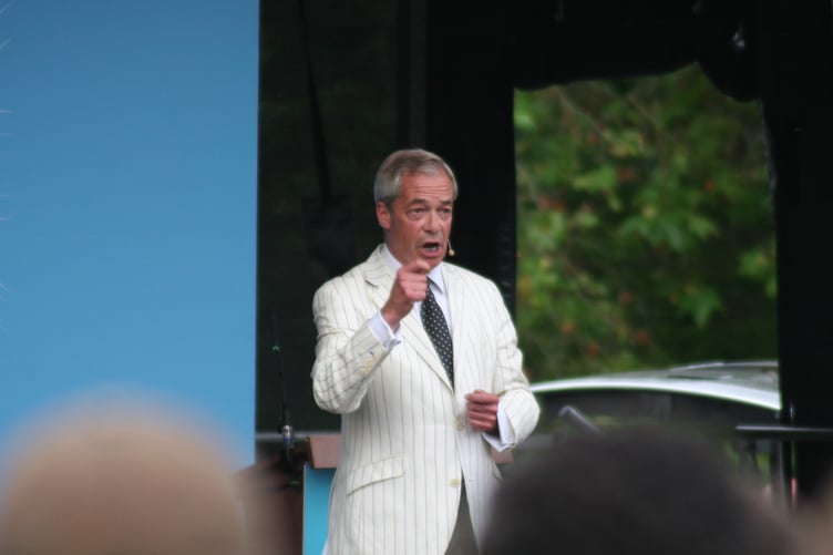 Nigel Farage speaking at Trago Mills, Newton Abbot, ahead of the July 4 general election