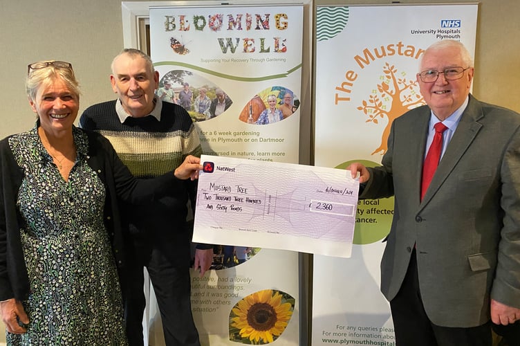 Annie Charles, of Blooming Well and Graham Parkinson of the Mustard Tree (right) (both cancer charities) receiving funds from John Boyd of West Devon (social) Club.