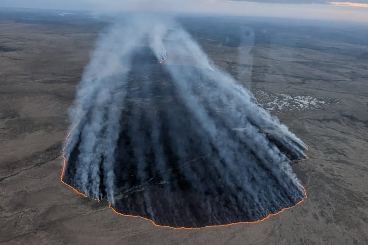 Aerial view of the blaze on Dartmoor. Image: DSFRS