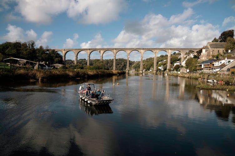 Passengers on the new ferry with the Calstock Viaduct behind them. Picture: Tamara Landscape Partnership and FotoNow