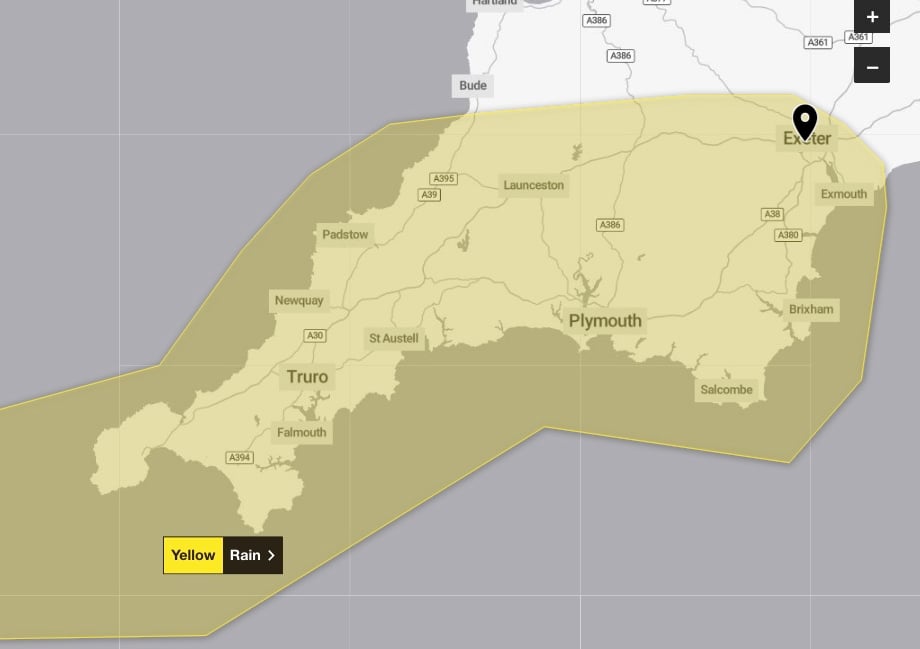 Yellow weather warning issued for Devon