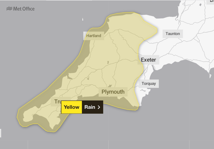 Yellow weather warning issued across Cornwall and parts of Devon.