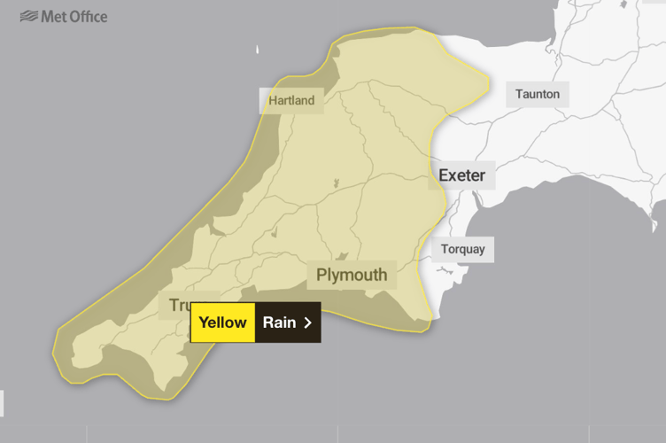 Yellow weather warning issued across Cornwall and parts of Devon.