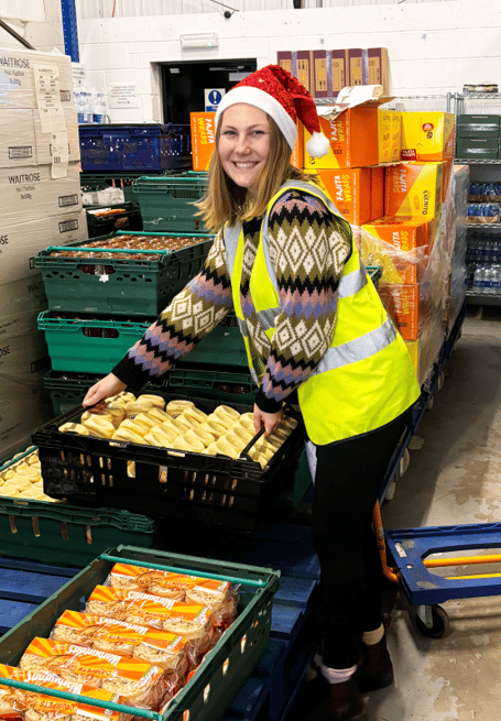 A FareShare South West campaign volunteer gets into the festive spirit.