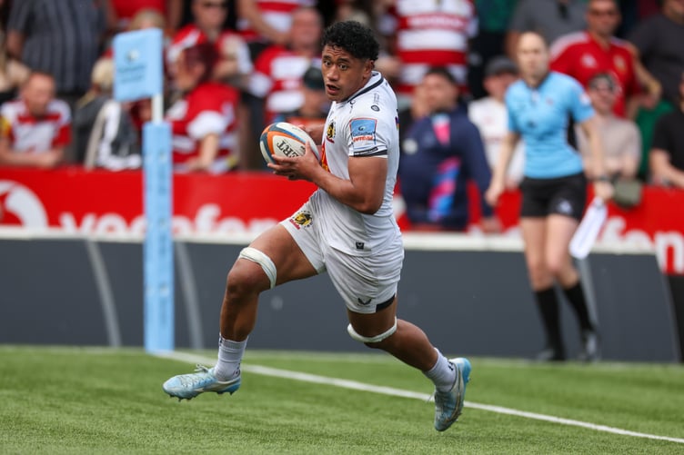 Exeter's Greg Fisilau crosses for his try in their Premiership clash with Gloucester