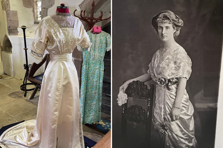 A wedding dress worn by Honor Brooksbank in 1910. The dress was altered when she was presented to King George V following his accession the same year