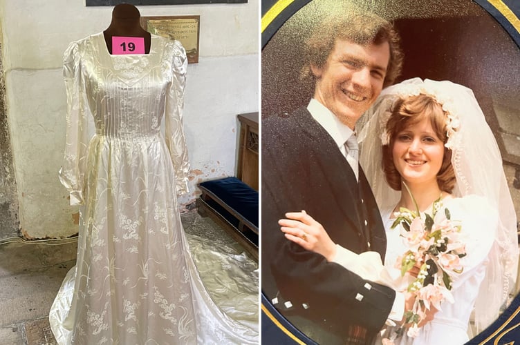 Elaine Joan Savage made her own dress from Liberty silk. She was married in 1976 in Totnes