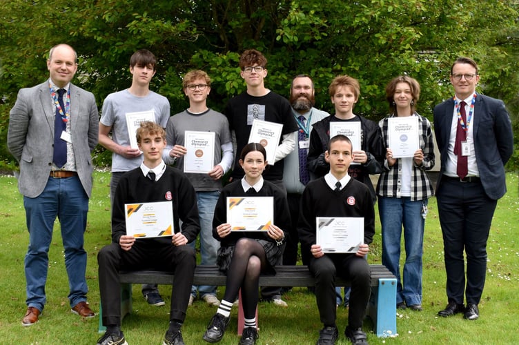 Tavistock College overall student winners at the Olympiad and Chemistry Challenge from years 10,11 and 13 with staff members Mike Harris (left), (STEM academic director); Kev Williams (centre back) (head of science) and James Buchanan (college principal).