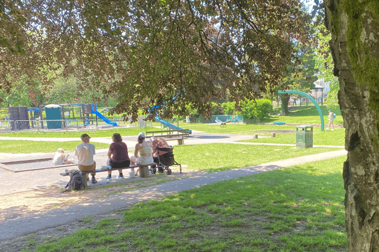 A family supervise at the Meadows play park while wisely keeping to the wooded shade during the heatwave.