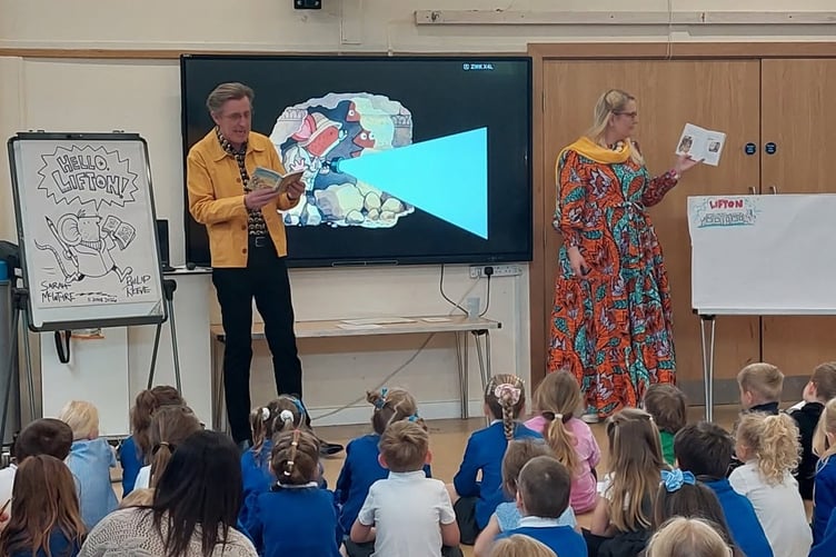 Award-winning children's authors Sarah McIntyre and Philip Reeve hold a storytelling workshop for Lifton pupils