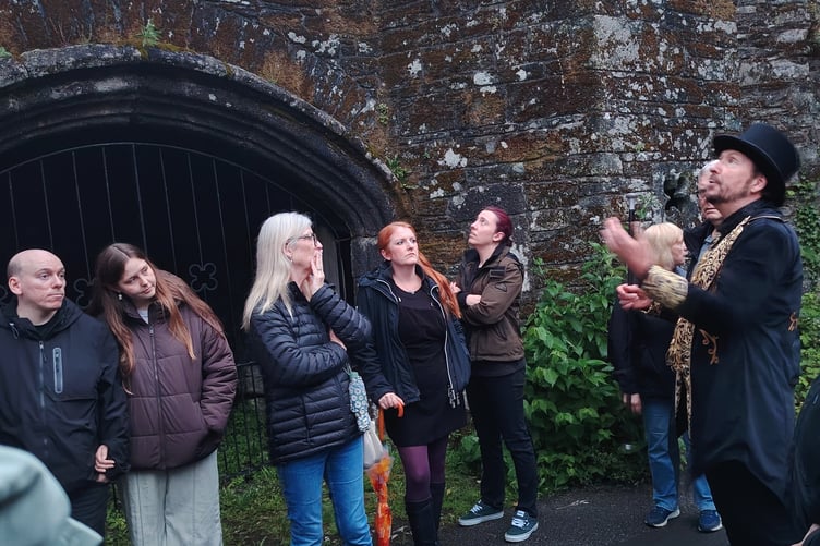 Lawrence McNeela, paranormal writer and ghost writer, is pictured on his first public guided ghost tour of Tavistock at the 'haunted' Betsy Grimbal's Tower.