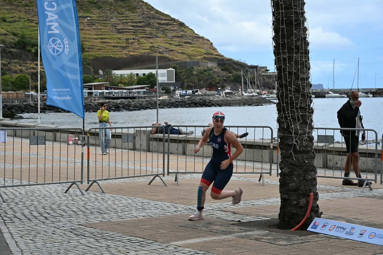Miri Crossey, 15, on course to run into 13th position in the triathle at the European Multi-Sport Championships in Madeira.