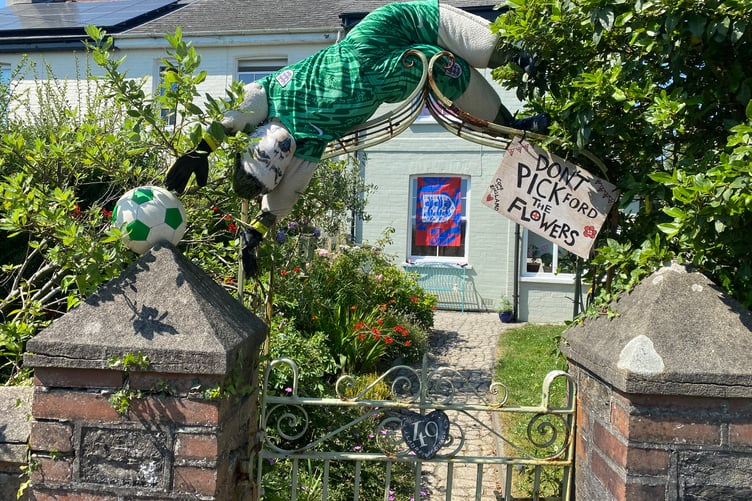 England goalie Jordan Pickford is immortalised in full save leap as a scarecrow in the Bere Alston In Bloom competition.