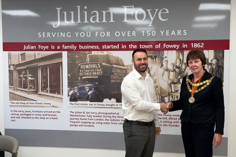 The Mayor of Tavistock, Cllr Ann Johnson, with Robert Foy, at the ceremonial opening of the Julian Foy furniture store on Brook Street, Tavistock on Friday, September 11.